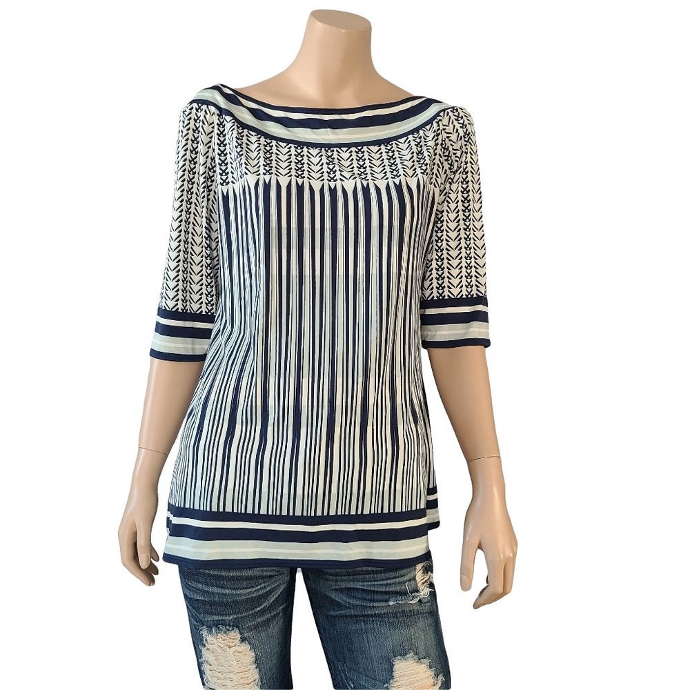 MAX STUDIO Navy & Ivory Striped 3/4 Sleeve Top L